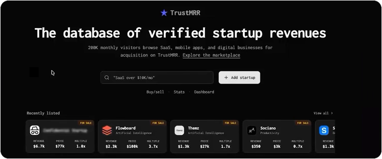 TrustMRR homepage, the database of verified startup revenues