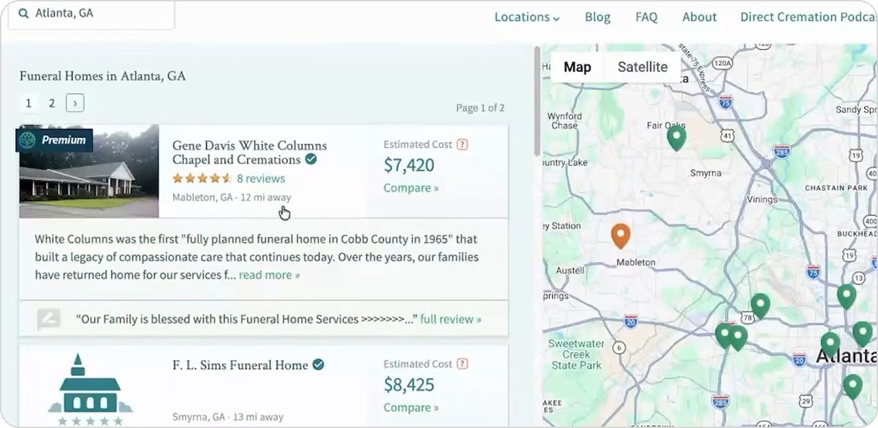 parting.com funeral home listings in Atlanta with estimated costs