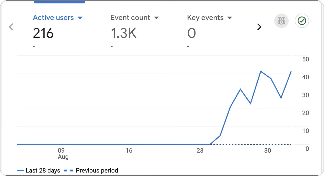 Google Analytics for the new directory, 216 active users in the first 28 days