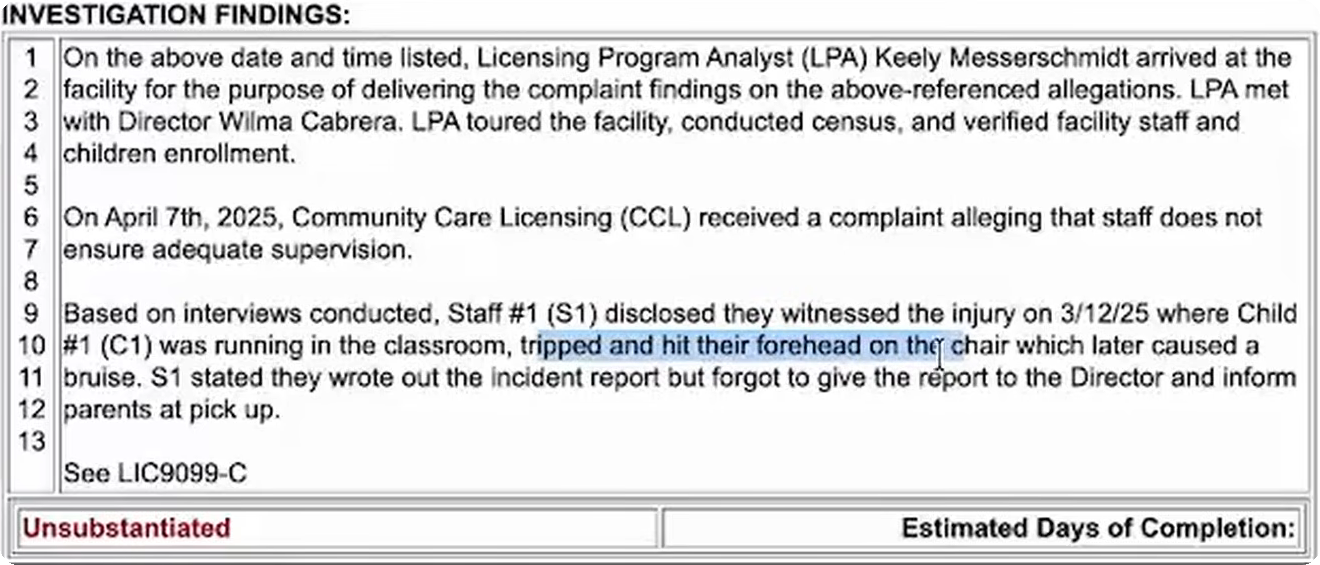 California DSS complaint investigation report for a preschool